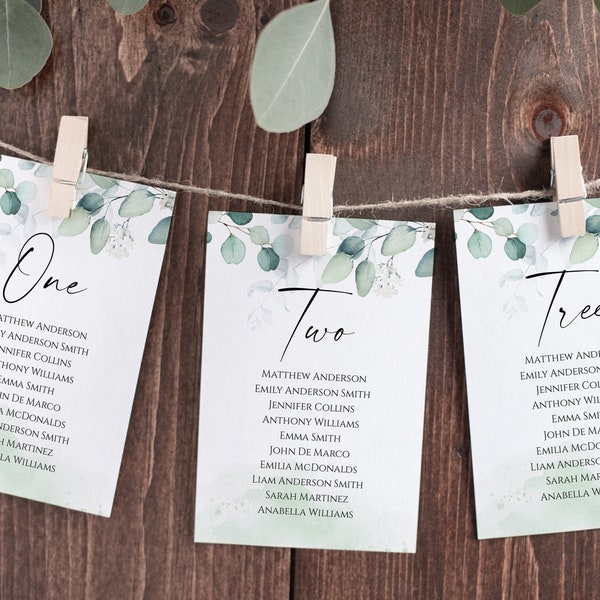 Seating cards wedding, Seating chart greenery with eucalyptus leaves, Hanging seating chart cards #EUC020LWT