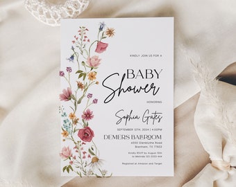 Wildflower Baby Shower Invitation, Spring summer floral Baby shower invitation, Digital Baby shower invitation template #Viona