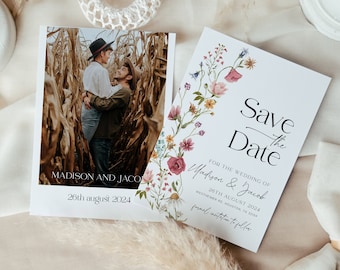 Floral Save The Date cards, Wildflower Save The Date, Boho Floral wedding Save The Date #Viona