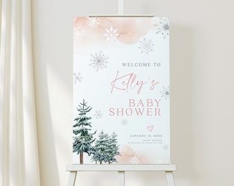 Welcome sign baby shower winter, Rose welcome sign with snowflakes and pines,  Welcome sign template #ROSEWW