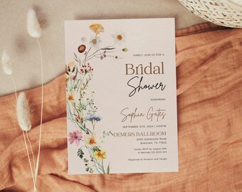 Boho Floral Bridal shower invitation, Wildflower bridal invitation, Bridal shower invitation template, Desert beige invitation #Amara