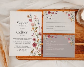 Wildflower Wedding Invitation, Spring summer floral wedding invitation, Boho Floral wedding invitation set #Viona