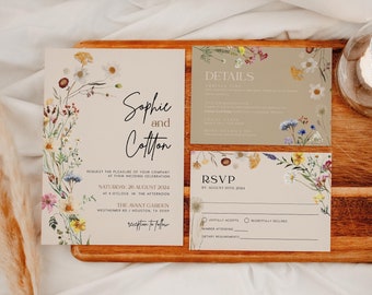 Conjunto de invitación de boda boho, plantilla de invitación de boda beige de flores silvestres, conjunto de invitación de boda floral beige #Amara