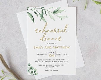 Rehearsal dinner invitation, Greenery and gold rehearsal dinner invitation template #GREEN020LWT