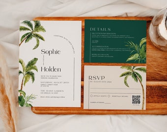 Wedding invitation set tropical, Tropical Greenery and Palm trees, Seaside themed wedding invitations set  #Aloha