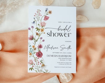 Floral Bridal Shower Invitation, Colorful Wildflower Invitation, Bridal Shower Invitation template #Viona
