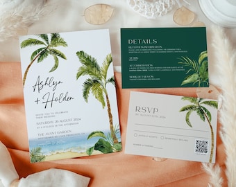 Beach Wedding invitation set, Tropical Palm trees and Ocean, Seaside themed wedding invitations set, Tropical Destination Wedding #Aloha