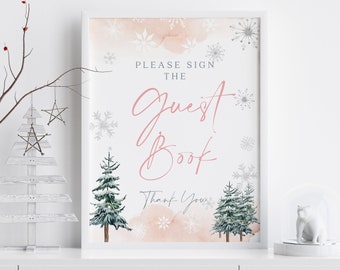 Pink Guest Book sign, Winter Guest Book sign, Guest book sign printable #ROSEWW