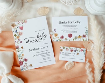 Baby Shower Invitation Floral Set, Wildflower Baby shower invitation, Baby shower Invitation Bundle, Digital invitation template #Viona