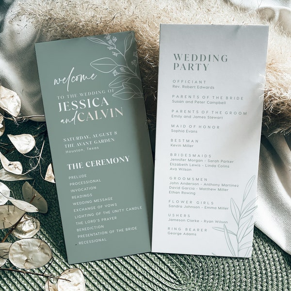 Sage wedding program, Floral wedding program template, Wedding party and program card template #sagefloral