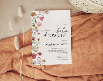 Baby Shower Invitation Floral, Wildflower Baby shower invitation, Spring and summer flower, Digital invitation template #Viona