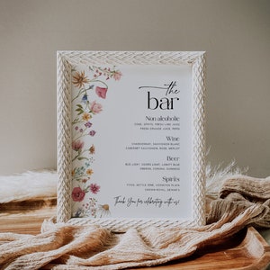 Bar Sign Wildflower, Colorful Floral Bar menu sign template, Bar Menu table sign, Spring summer wildflower sign template #Viona