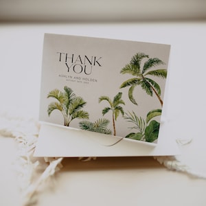 Tropical Wedding Thank You card, Palm Tree Thank You card, Wedding thank you card template, Tropical Destination Wedding stationery Aloha image 1