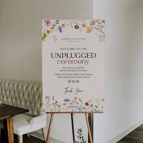 Floral Wedding Unplugged sign, Beige Wedding sign, Unplugged ceremony sign, Boho wildflower wedding sign #Amara