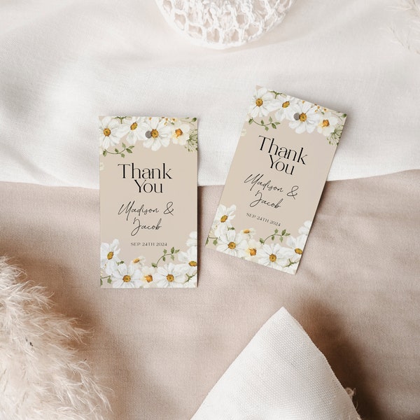 Daisy Thank you Tag template, Beige Gift Tag, Baby Shower Favors tag template, Daisy flower baby shower theme #DaisyBaby