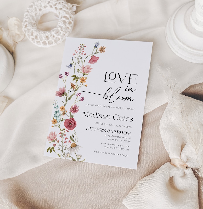 love in bloom, floral bridal shower invitation