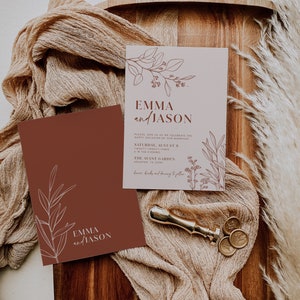 minimalist terracotta wedding invitation, botanical floral invitation template