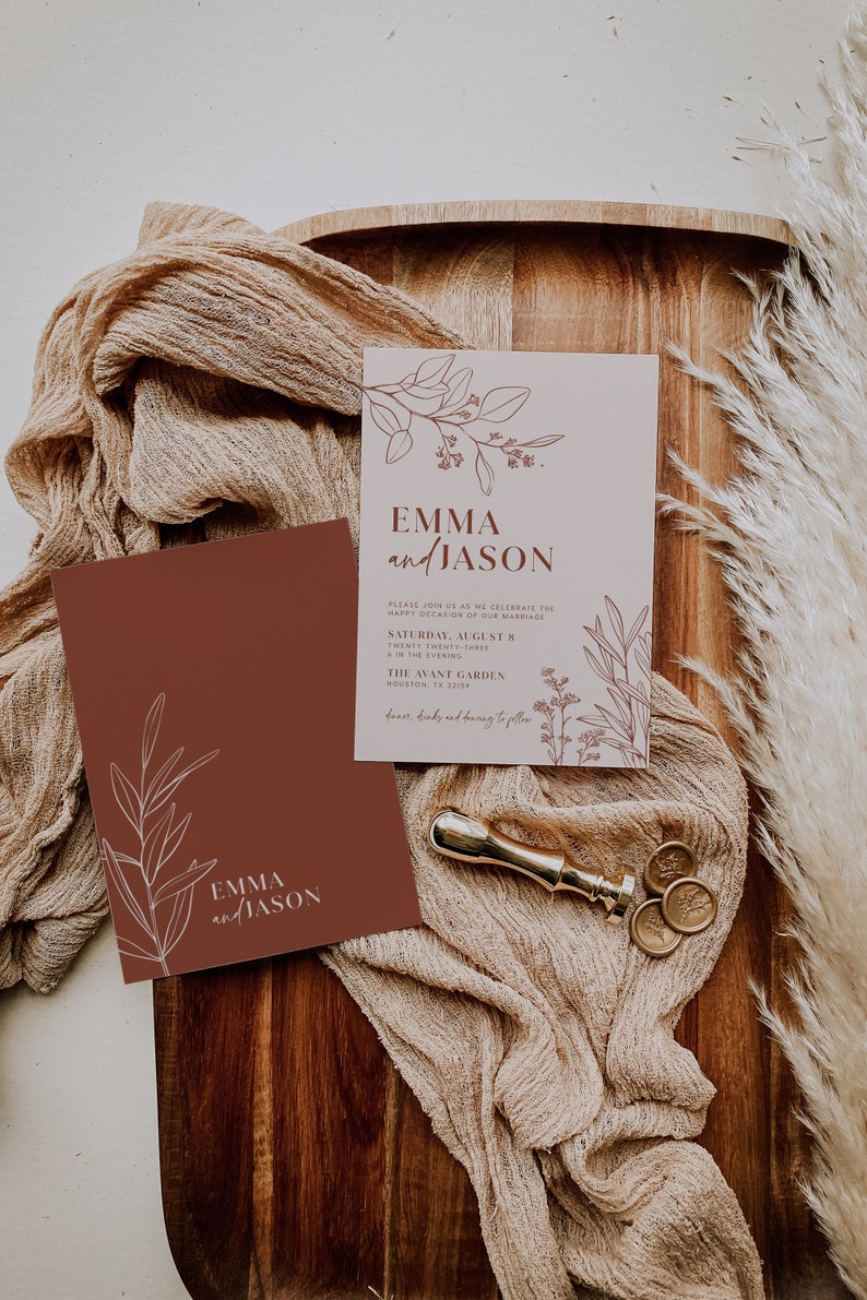 minimalist terracotta wedding invitation, botanical floral invitation template