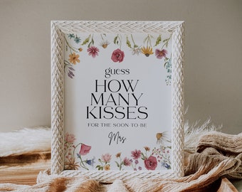 How Many Kisses sign, Floral Bridal Shower sign, Guess How Many Kisses game sign, Spring summer wildflower sign template #Viona