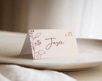 Place card template, Name tags template, Floral place cards, Rust terracotta beige place cards #herbal