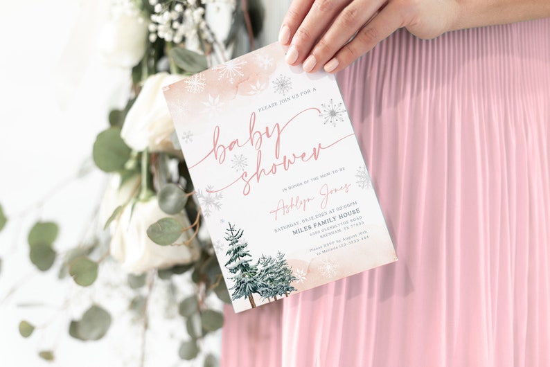 pink winter baby shower invitation template