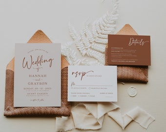 Terracotta Wedding invitation set, Wedding invitation template boho, Invitation with RSVP and details card #BELLAMY-TR