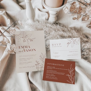 minimalist terracotta wedding invitation, botanical floral invitation template