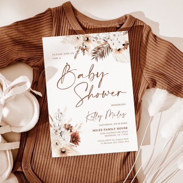 Baby Shower Invitation, Boho Floral baby shower invitation, Terracotta baby shower invitation, Gender neutral invitation #Ellery