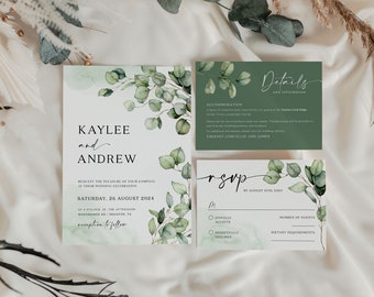 Eucalyptus Wedding invitation, Wedding Invitation template, Invitation suite, 4 cards included, Greenery floral invitation #Elise