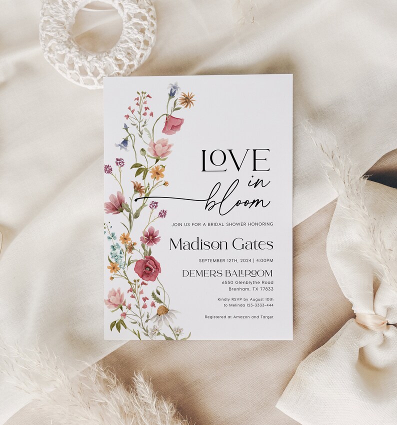 love in bloom, floral bridal shower invitation