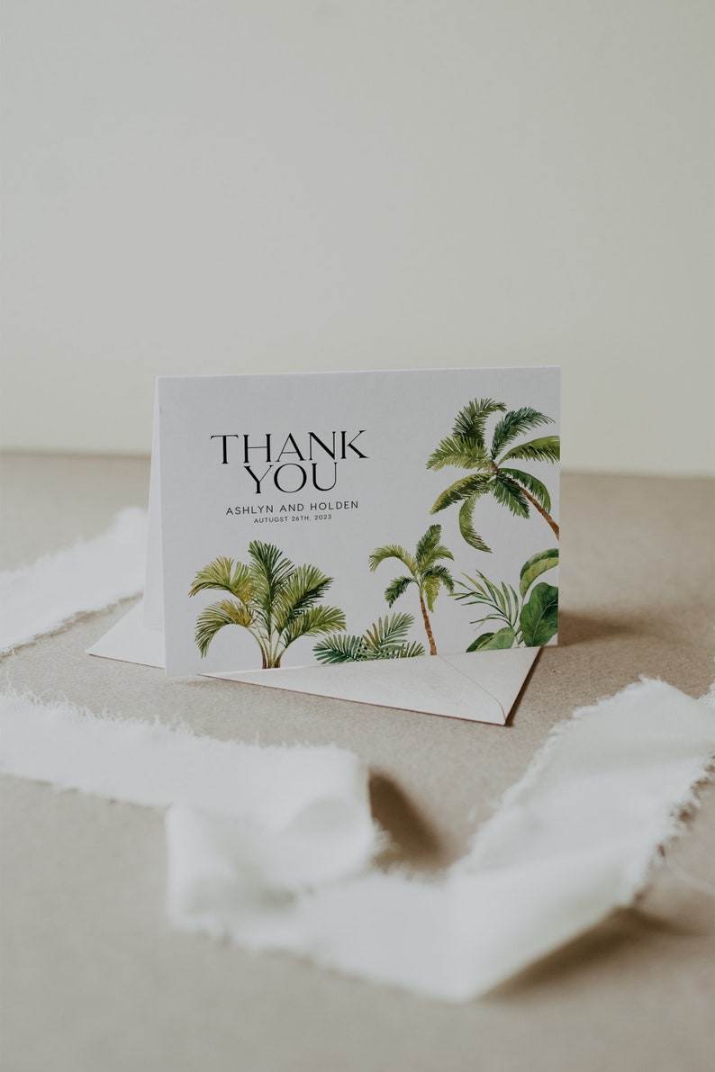 Tropical Wedding Thank You card, Palm Tree Thank You card, Wedding thank you card template, Tropical Destination Wedding stationery Aloha image 2