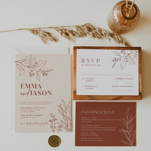 minimalist terracotta wedding invitation, botanical floral invitation template