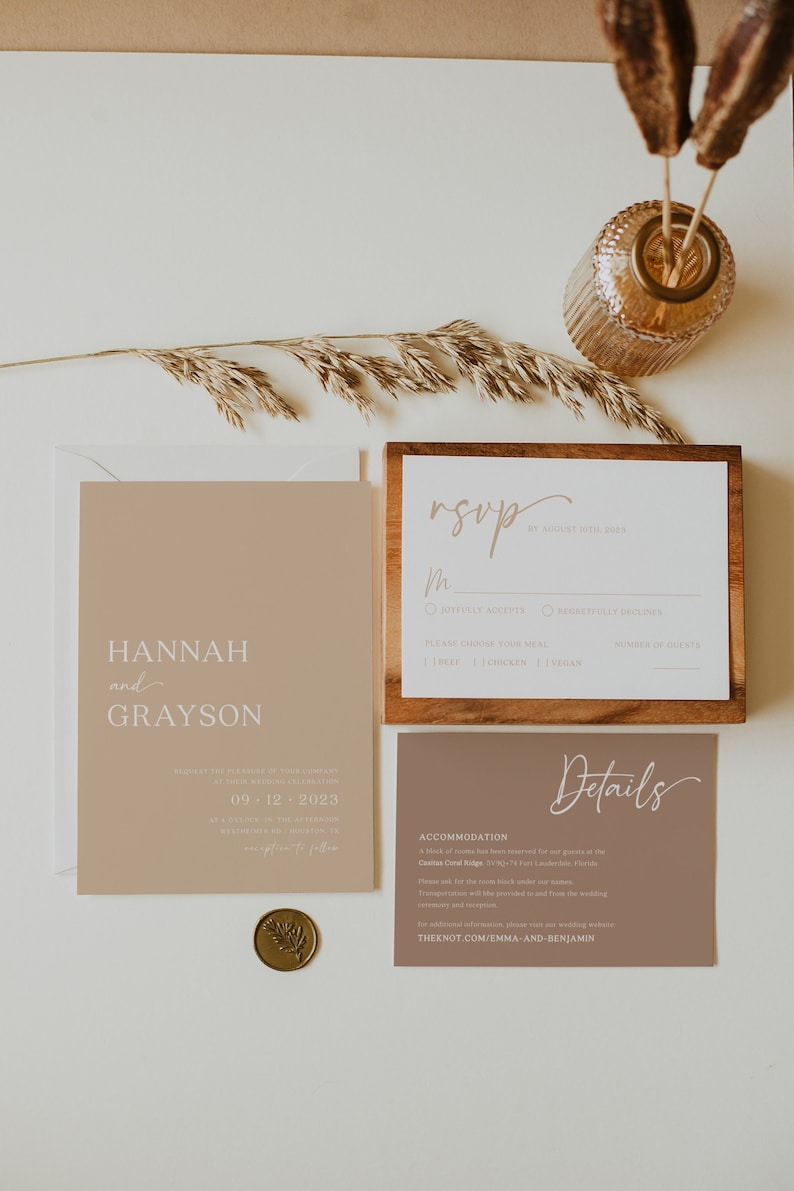 Cream wedding invitation suite, Wedding invitation template, Invitation with RSVP and details card, Beige wedding invitation BELLAMY image 2