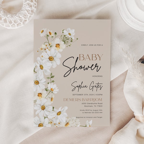 Daisy baby shower uitnodiging, Daisy bloem uitnodiging, beige baby shower uitnodiging sjabloon, Daisy bloem baby shower thema #DaisyBaby