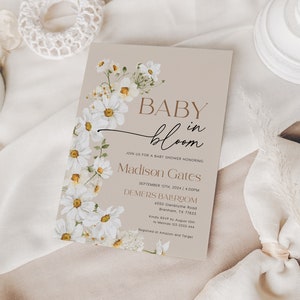 Baby In Bloom Invitation, Daisy Flower Baby In Bloom Invitation, Floral Baby in Bloom Invitation, Daisy flower baby shower theme #DaisyBaby