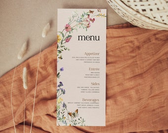 Menu card wedding, Menu cards template, Beige Wildflower Menu cards, Floral Boho menu template #Amara