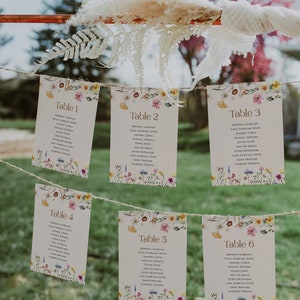 Hanging Seating chart cards, Boho Floral Seating chart, Wildflower boho wedding, Desert beige seating chart, Seating cards template #Amara