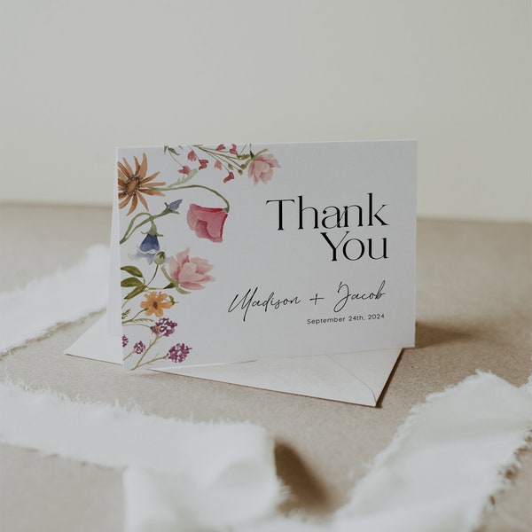 Thank You Cards, Floral Thank You card template, Colorful wildflower Thank You cards #Viona