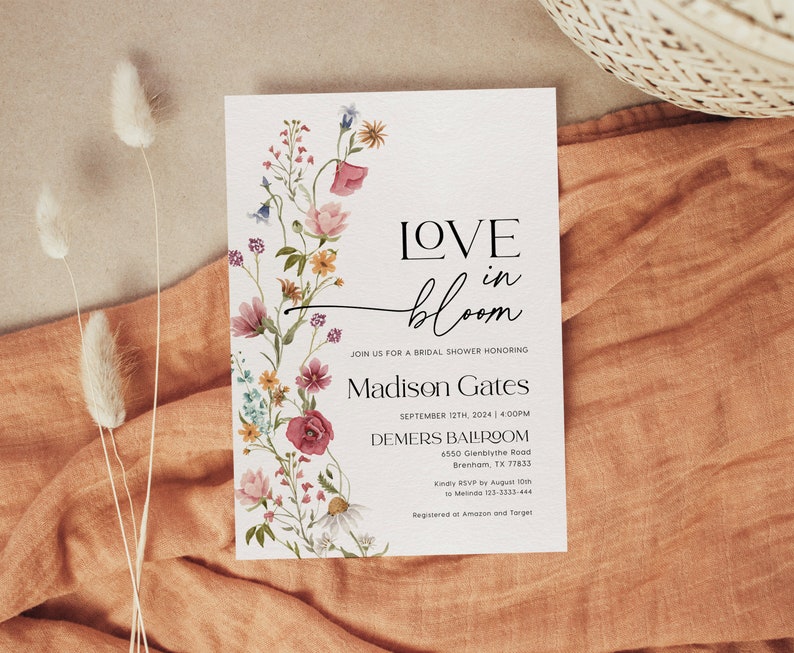 love in bloom, floral bridal shower invitation