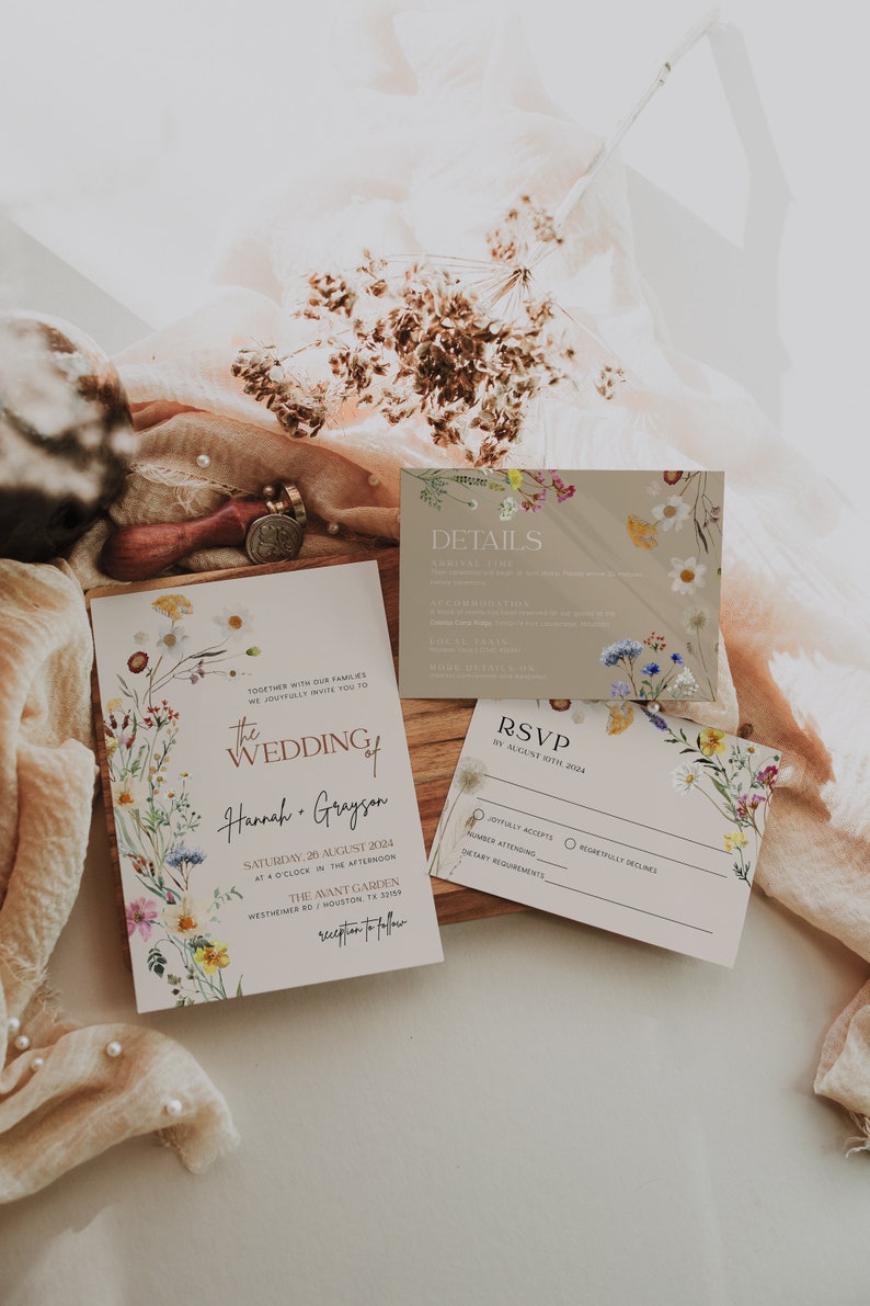 boho floral beige wedding invitation