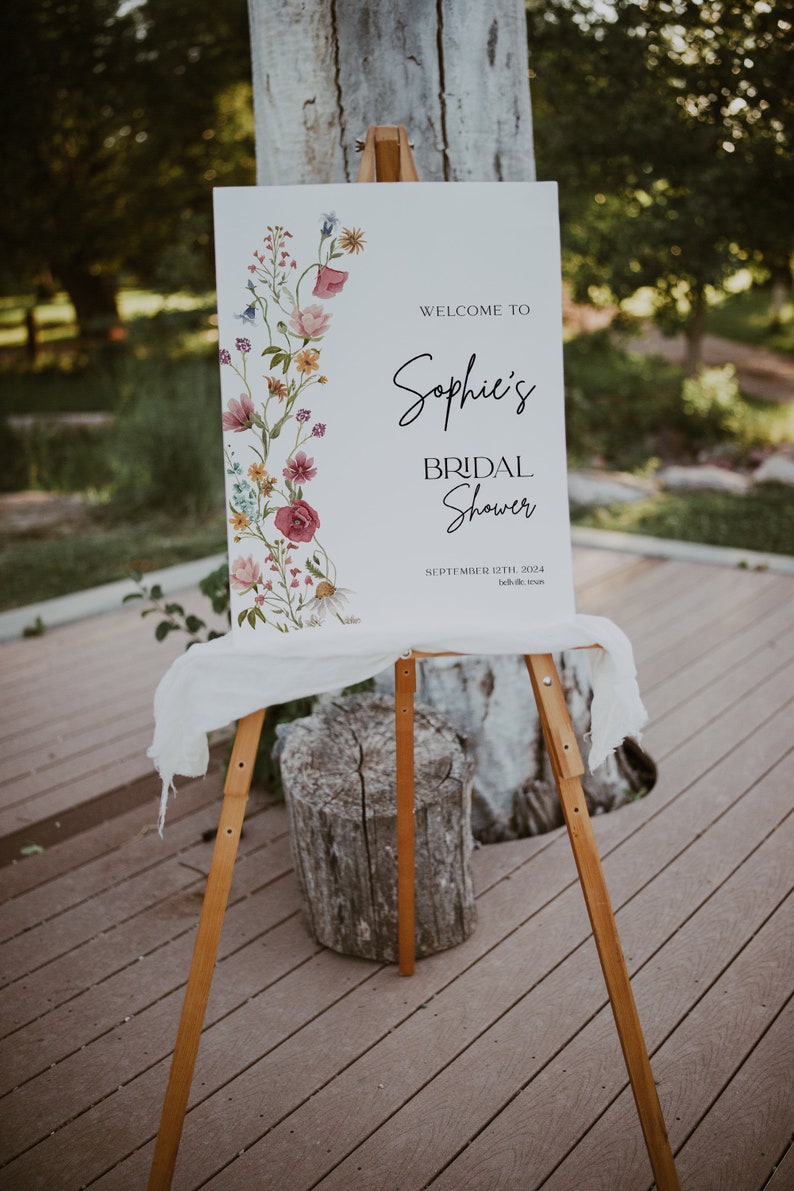 colorful wildflower welcome sign for bridal shower