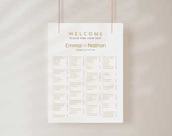 Wedding seating chart alphabetical, Seating chart sign, Seating chart template, Gold seating chart