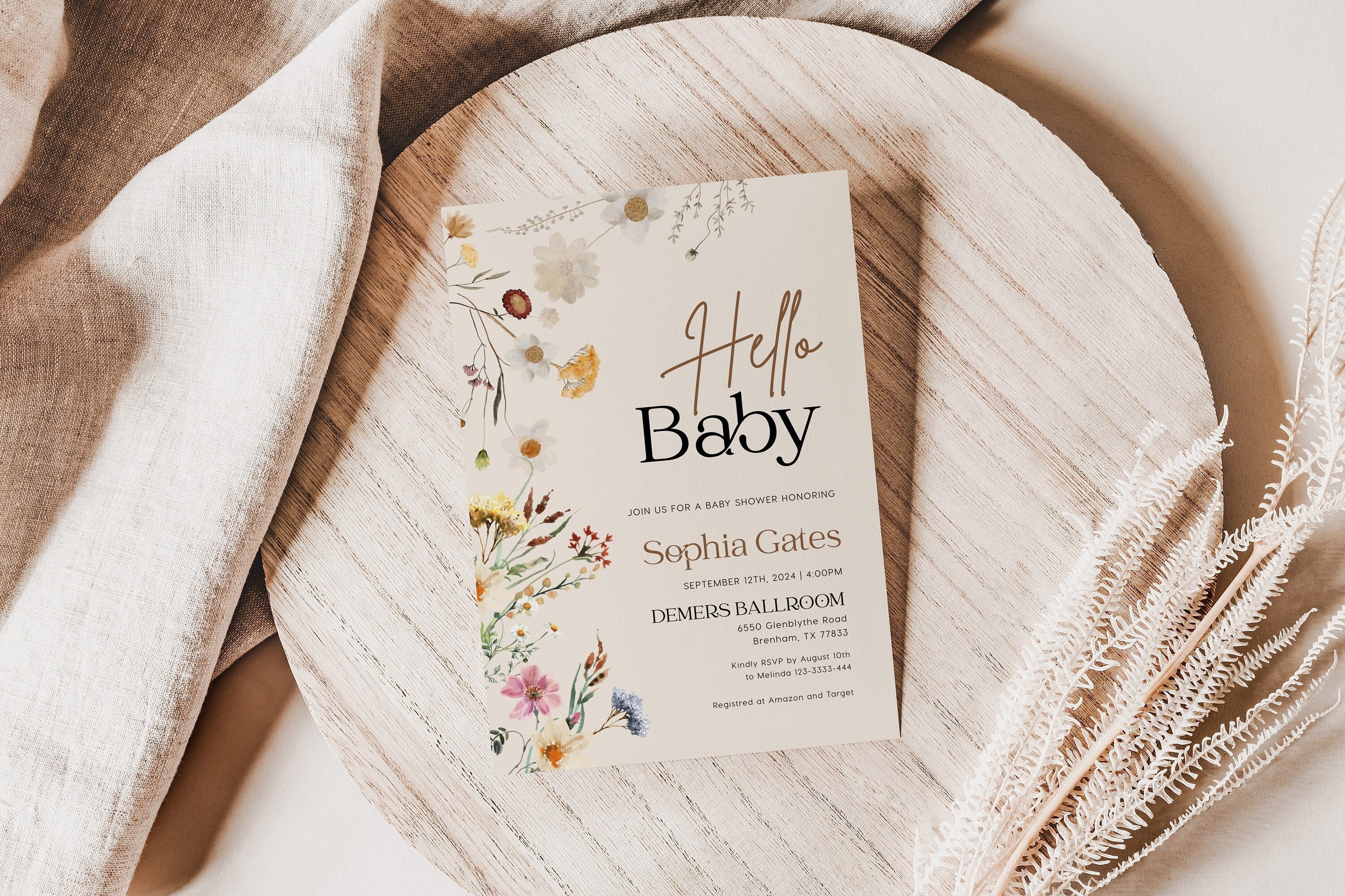 Boho Baby Shower invitation Hello Baby invitation Gender neutral invitation Wildflower baby shower invitation Amara