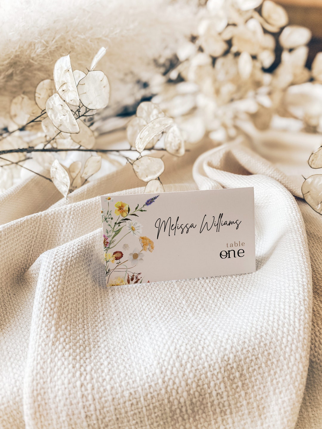 Place Cards Wedding, Wedding Name Tags Template, Beige Wildflower Place Cards, Floral Boho Place ...