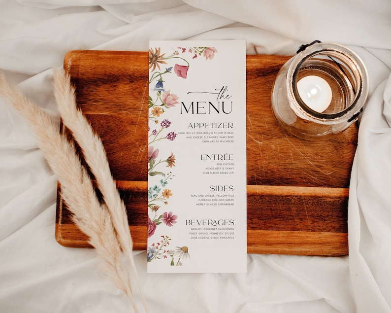Wedding menu template, Colorful Floral menu cards, Boho Wildflower menu template Viona image 2