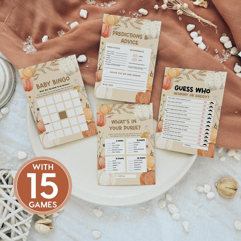 Baby Shower Games, Games Bundle, Fall Baby Shower Stationery With