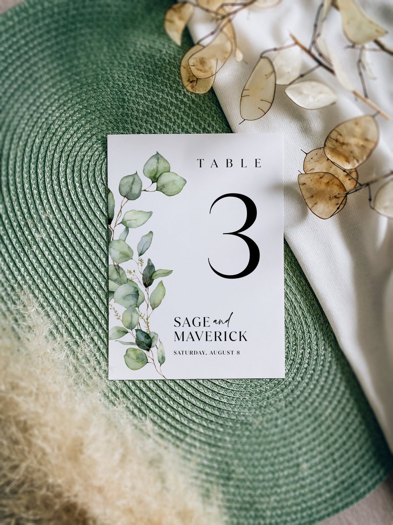 Floral greenery table number sign, Wedding table numbers template, Eucalyptus greenery table number simone image 1