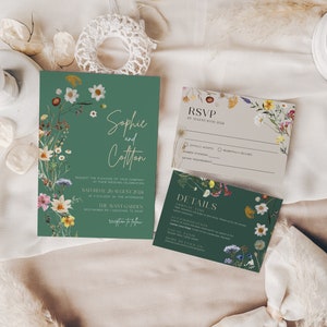 Boho Green Wedding Invitation Set, Wildflower Floral Wedding Invitations, Emerald Green Invitation template  #Emeraldis