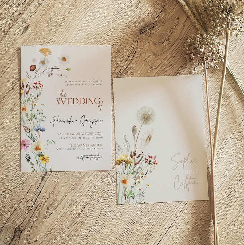 boho floral beige wedding invitation