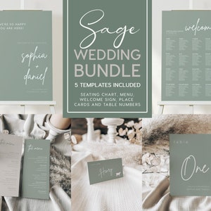 Wedding bundle sage green, Templates bundle, Seating chart sign, Wedding welcome sign, Menu cards, Table number and place cards #SAGE021LWT